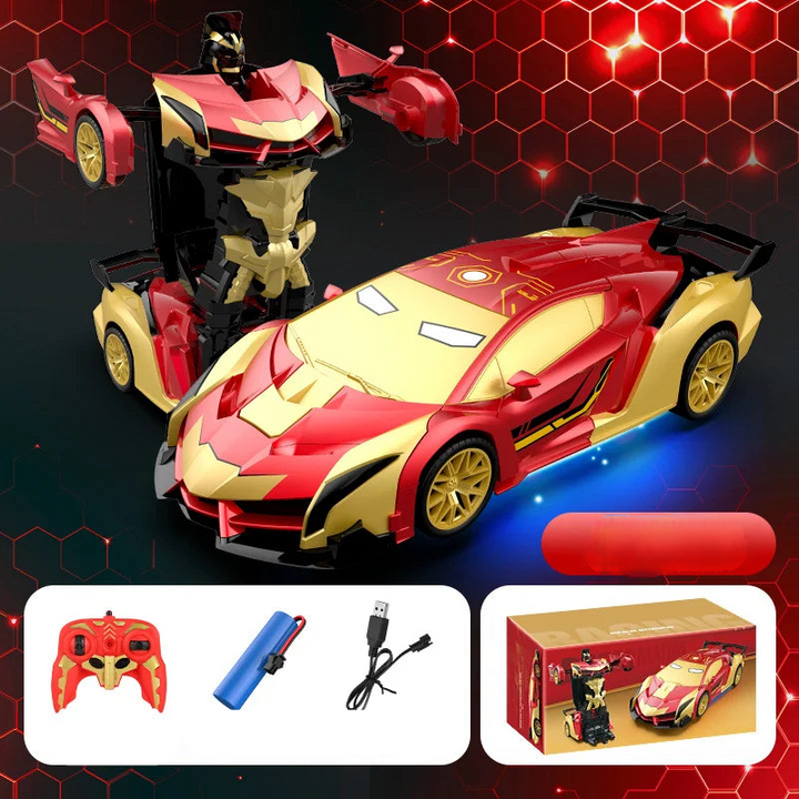 Dynamic shot of Kids' RoboRacerX RC drift car transforming, showing LED lights and remote control action.