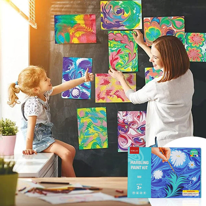 Water Marbling Art Kit for kids, showcasing vibrant painting on paper, a fun and creative DIY project