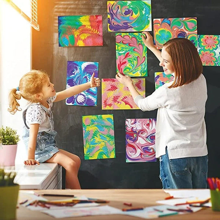 Contents of Kids' Water Marbling Art Kit: paints, marbling tray, tools, for creative painting