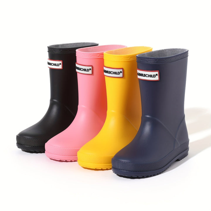 Assortment of solid color kids' waterproof rain boots, non-slip wellies for all children.