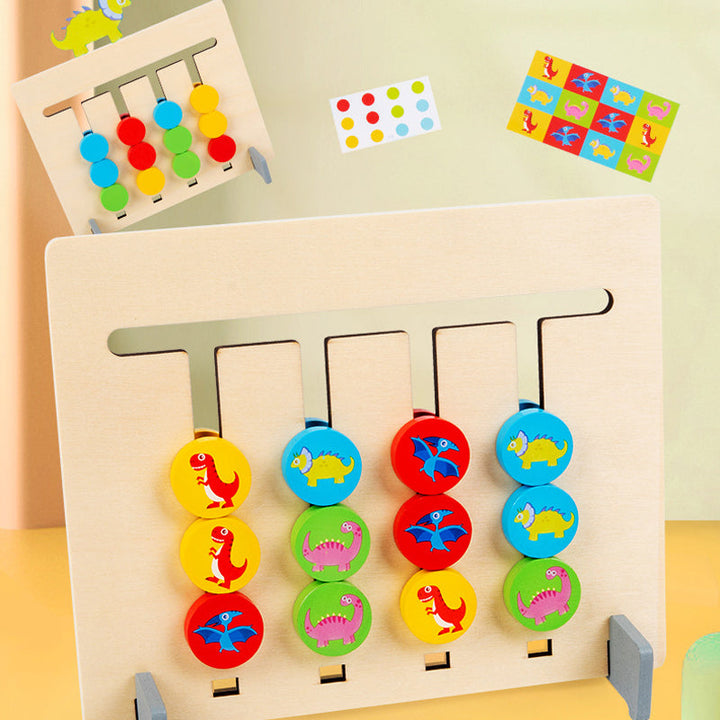Parents and child playing with a wooden 2-sided logic puzzle, family educational game