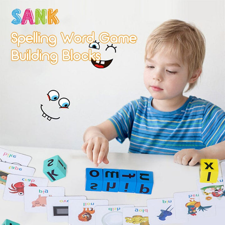 Child matching wooden alphabet blocks to picture cards in the spelling & puzzle set