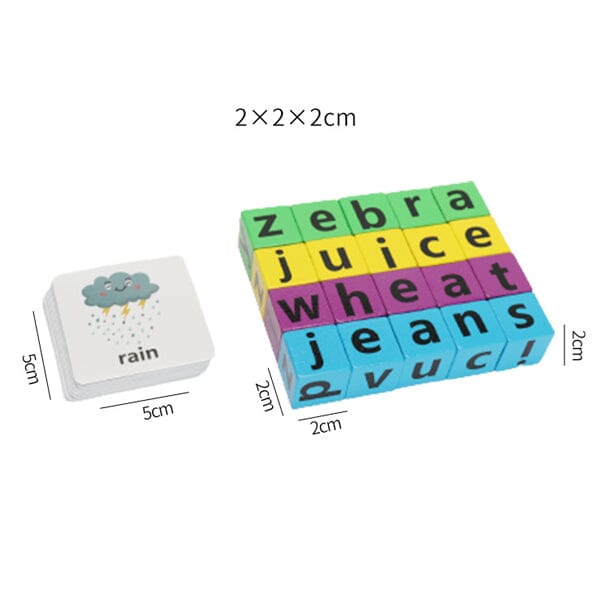 Close-up of wooden puzzle pieces forming a simple word, demonstrating the spelling game in use
