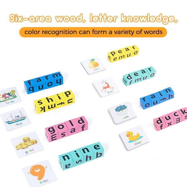 Close-up of a child's hand placing a wooden letter block into the spelling game board