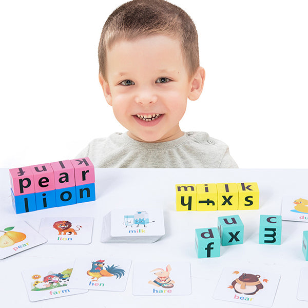Kids playing with Wooden Alphabet Spelling Puzzle, learning letters and words, fun activity
