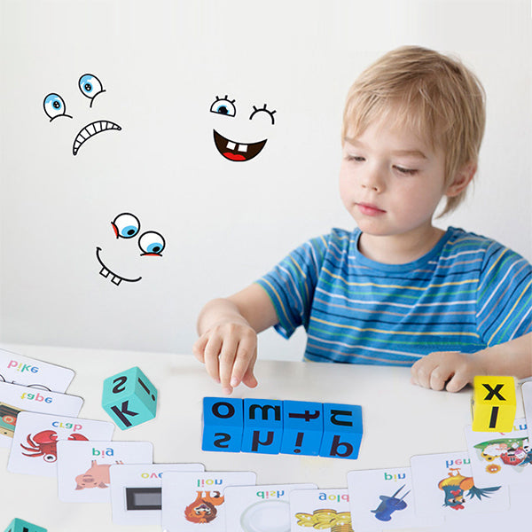 Toddler playing Kids Wooden Alphabet Spelling Puzzle, educational toy, colorful blocks