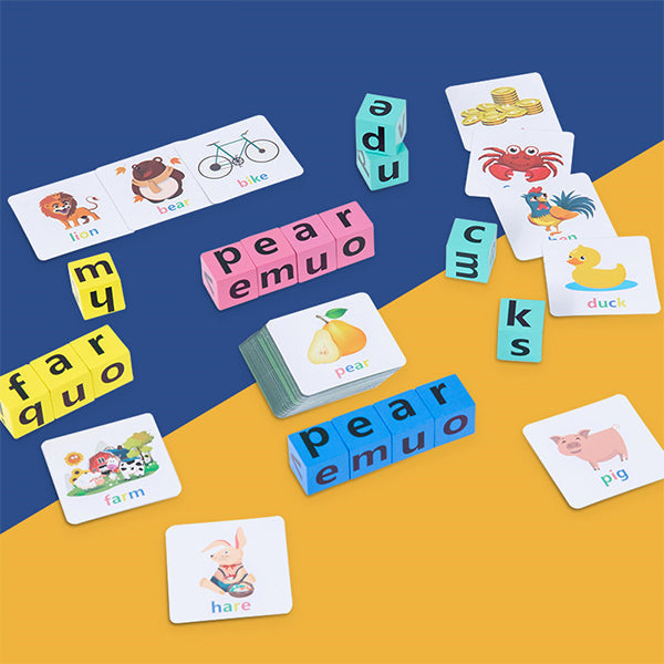 Assortment of wooden alphabet letters and word cards from Kids Spelling Puzzle Game