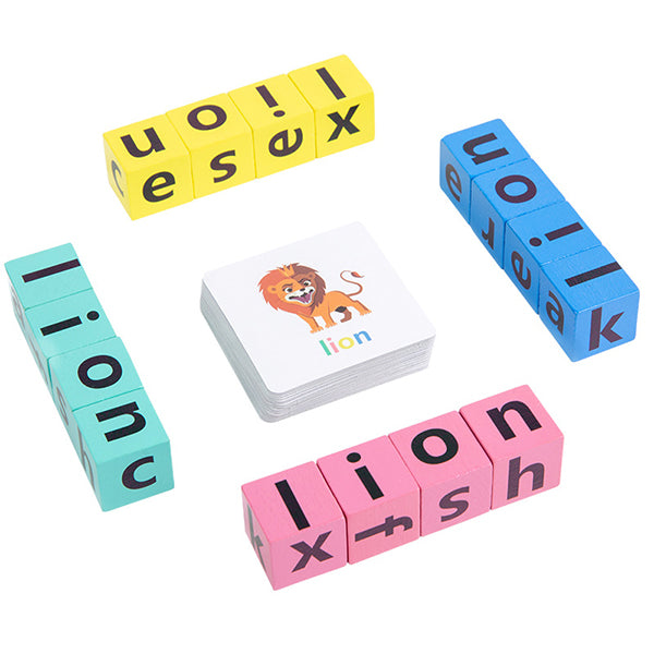Top view of a complete Kids Wooden Alphabet Spelling Puzzle laid out, toddler gift