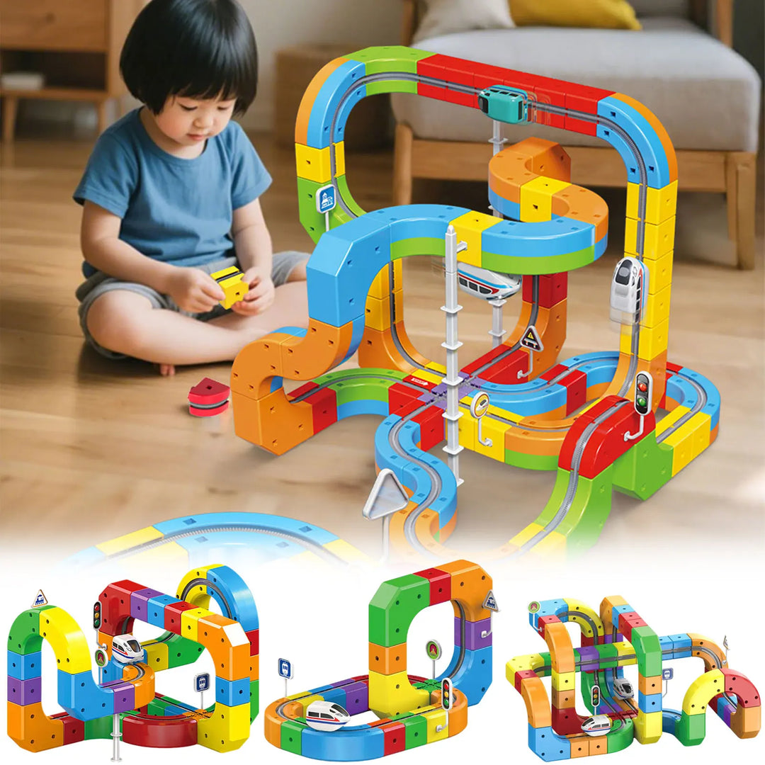 Kids' Zoomdex 3D Flexible Railway Building Kit, 51-piece set. Educational STEM construction toy for imaginative play.
