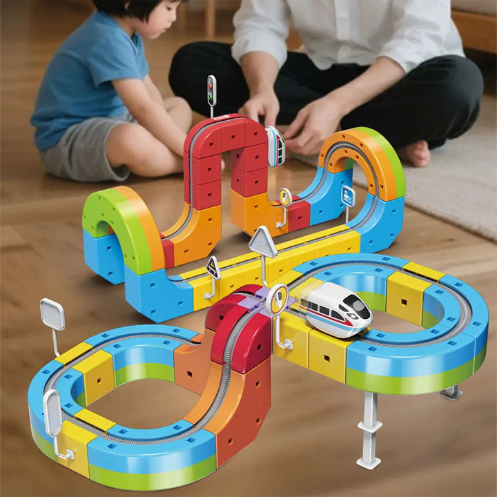 Flexible railway track kit for kids, 51 pieces. Create dynamic 3D layouts, promoting STEM learning & creativity.