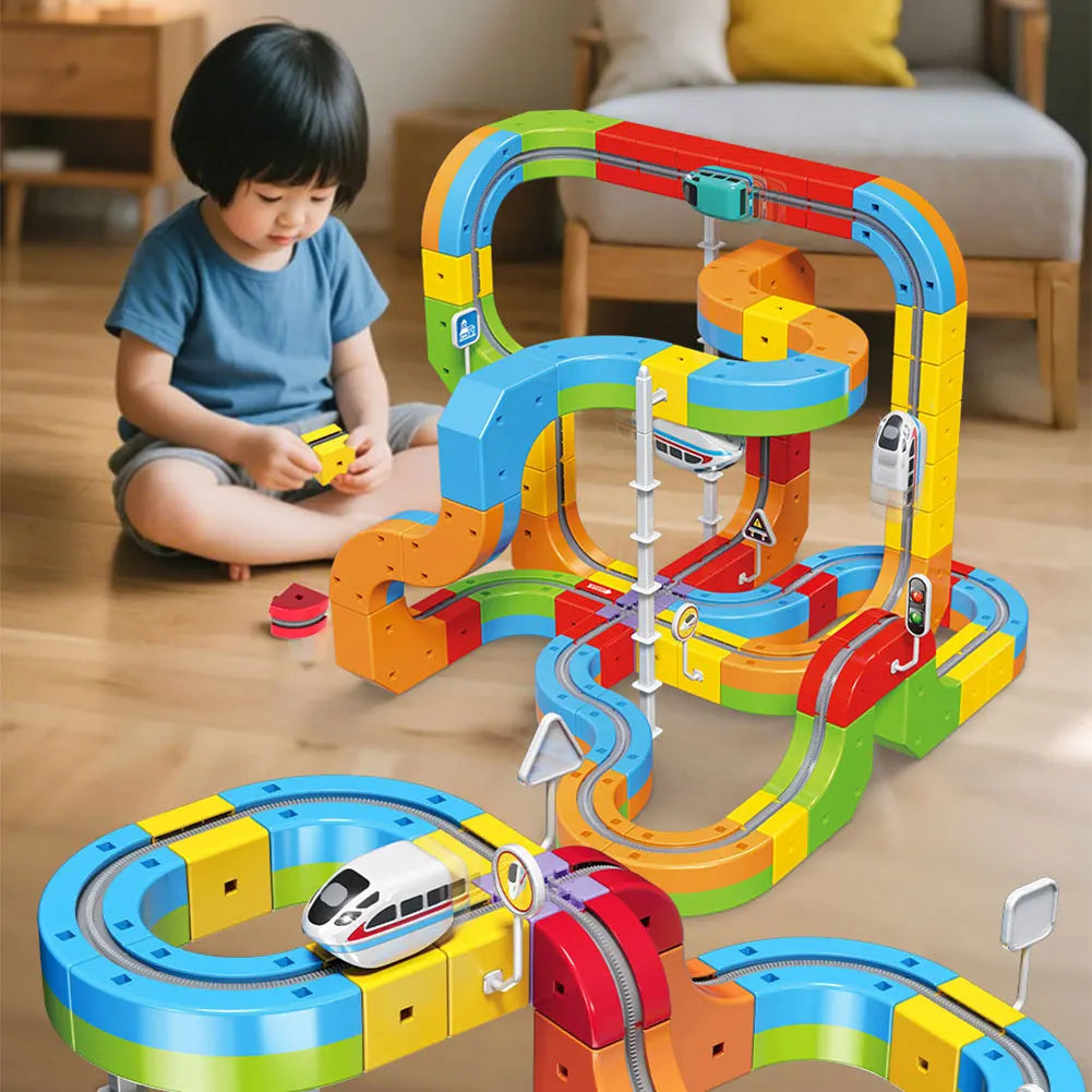 Zoomdex 51-piece flexible railway building kit, a fun kids' train set. Perfect for hands-on STEM activity.