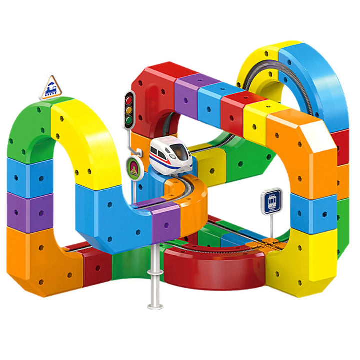 Kids' flexible railway track kit, 51-piece educational toy. Build dynamic 3D train routes for hours of fun.