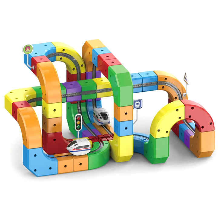 Zoomdex flexible railway construction kit, 51 pieces. Rechargeable 3D train set for engaging STEM learning activity.