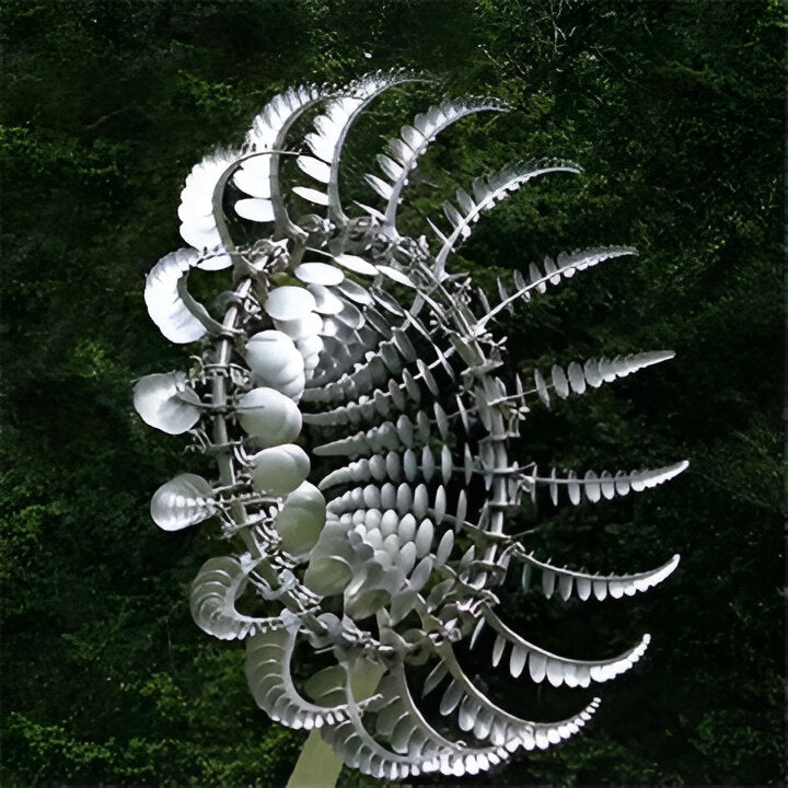 Kinetic metal wind spinner for garden decor, weather-resistant, adds outdoor art to yard or patio.