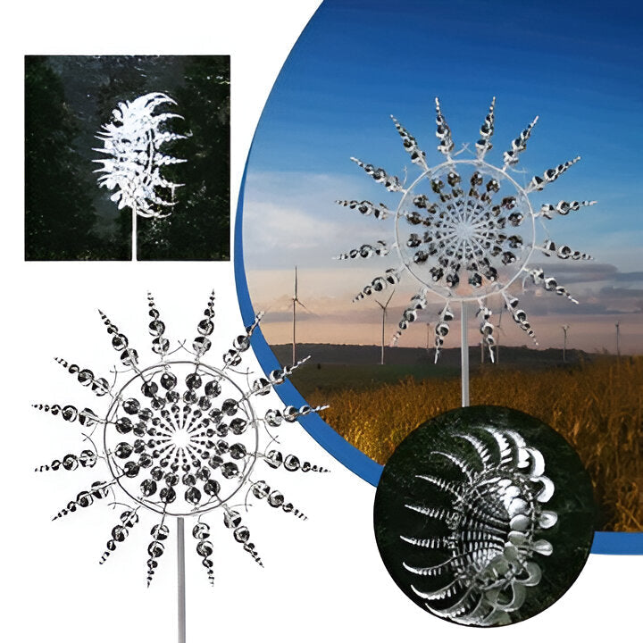 Weather-resistant outdoor metal wind spinner, perfect kinetic sculpture garden decor, great gift for gardeners.