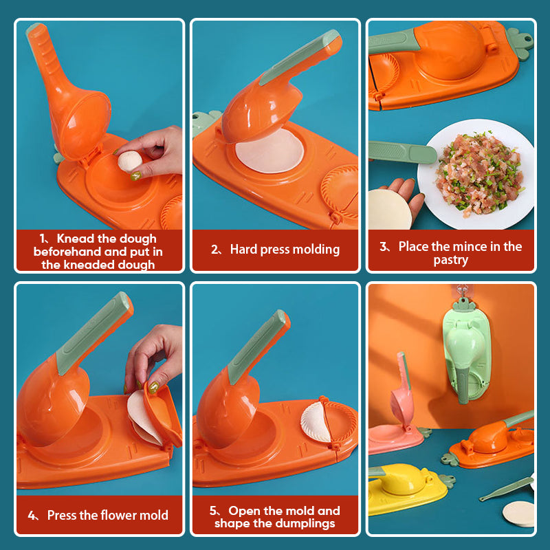 Dumpling maker and dough press in action, forming a perfectly crimped, ready-to-cook dumpling