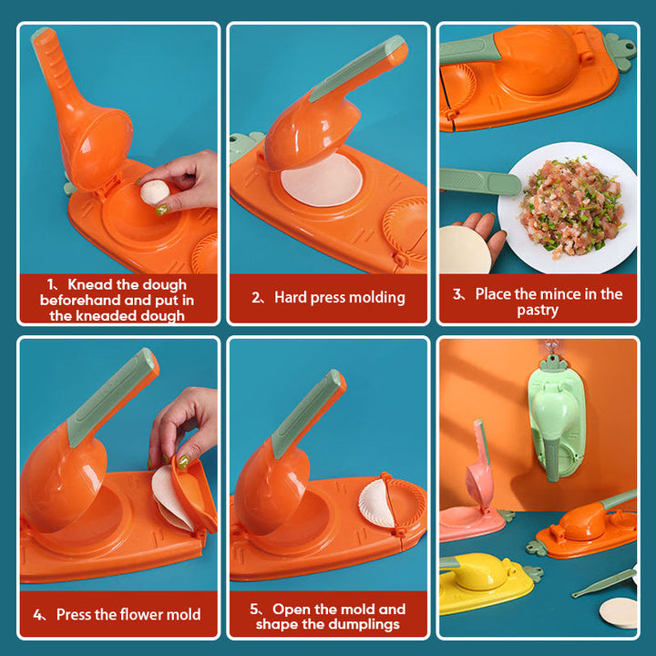 Dumpling maker and dough press in action, forming a perfectly crimped, ready-to-cook dumpling