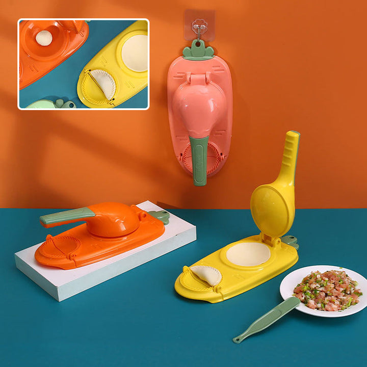 Detail shot of the dough press function of the 2-in-1 kitchen gadget, creating round wrappers
