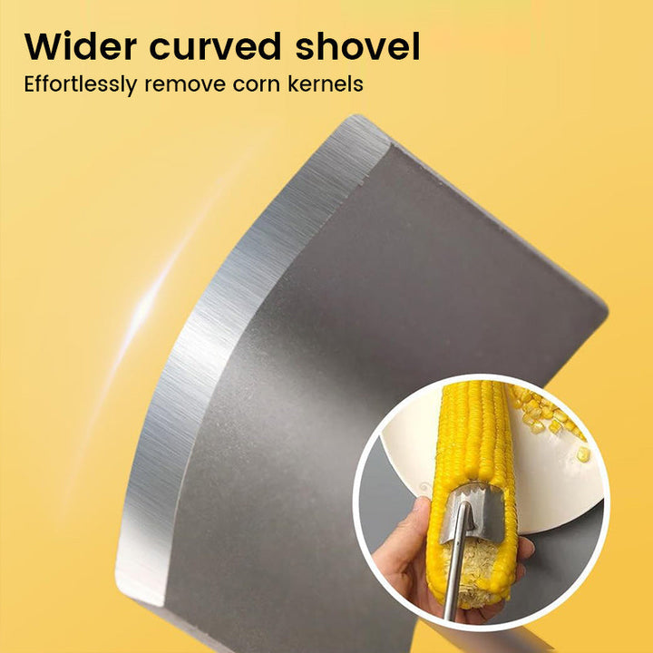 Hand holding a modern corn cob stripper, demonstrating use on a fresh corn cob