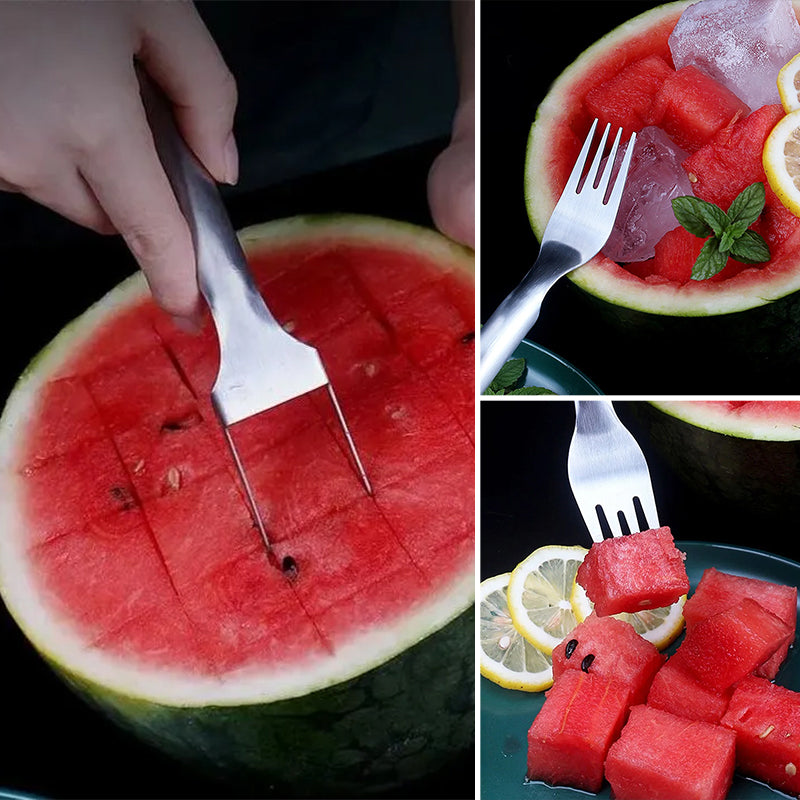 Kitchen Fruit Slicer Fork, stainless steel watermelon cutter for convenient home use, sharp blades