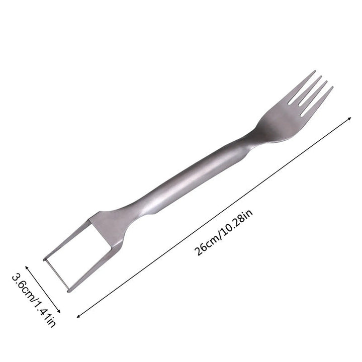 Handheld fruit slicer, watermelon-specific design with fork, durable stainless steel for frequent use