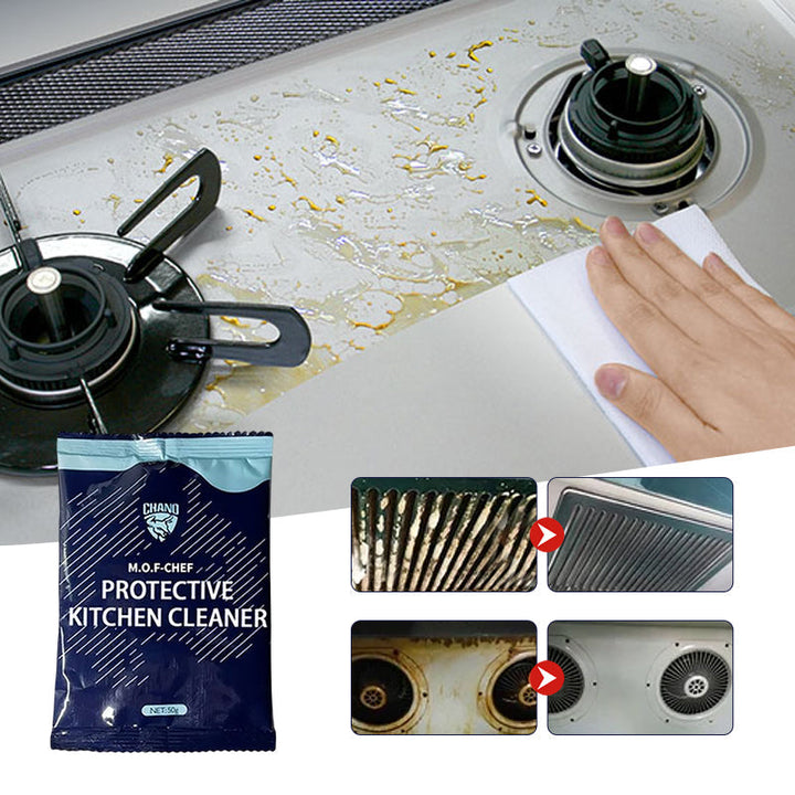 Ingredients list on Kitchen & Home Heavy Duty Degreaser Cleaner bottle, detailing its powerful cleaning agents