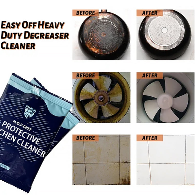 Degreaser cleaner being sprayed on a greasy stovetop, showing its strength as a kitchen grease remover