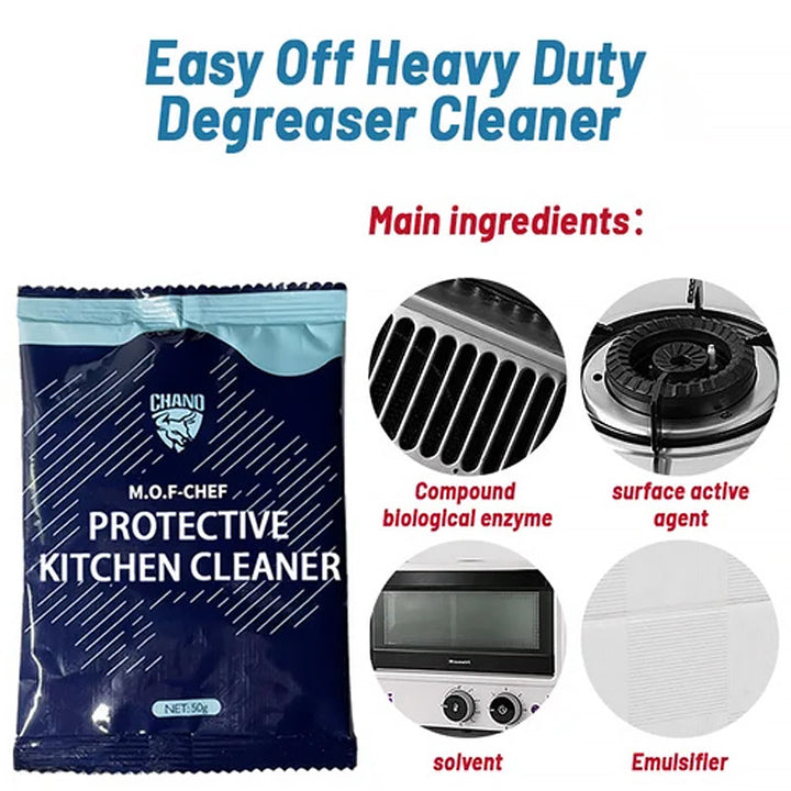 Bottle of Kitchen & Home Degreaser Cleaner next to a sparkling clean kitchen surface, multipurpose home cleaner
