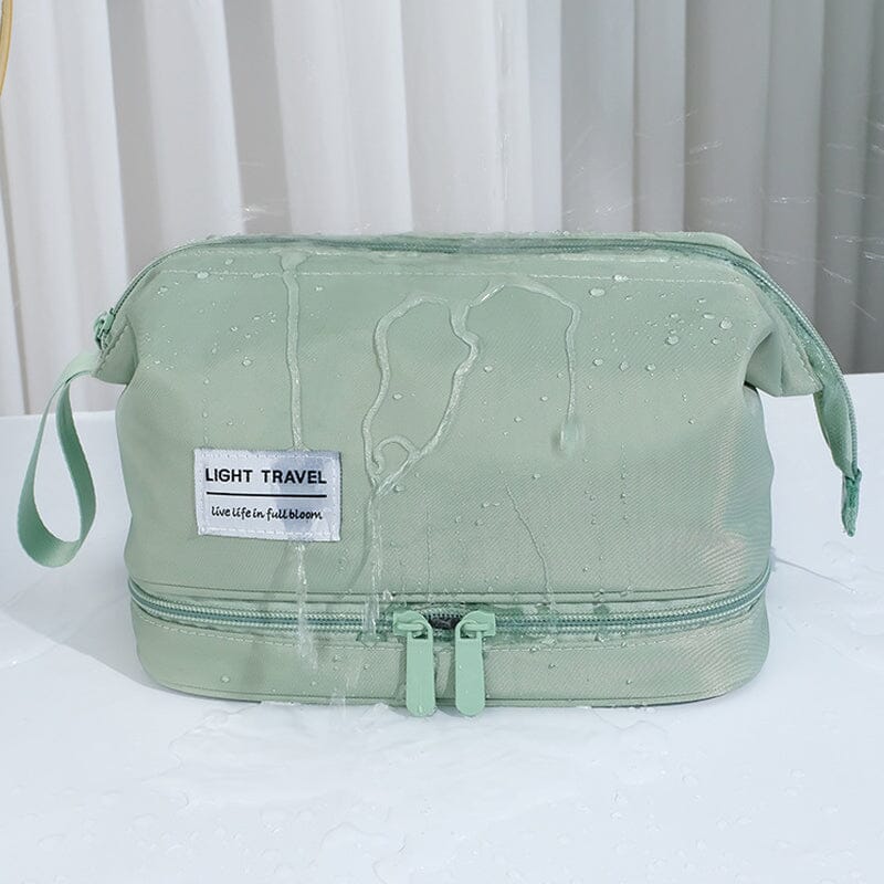 Waterproof cosmetic bag, front view with a subtle logo, emphasizing its unisex and portable design for travel.