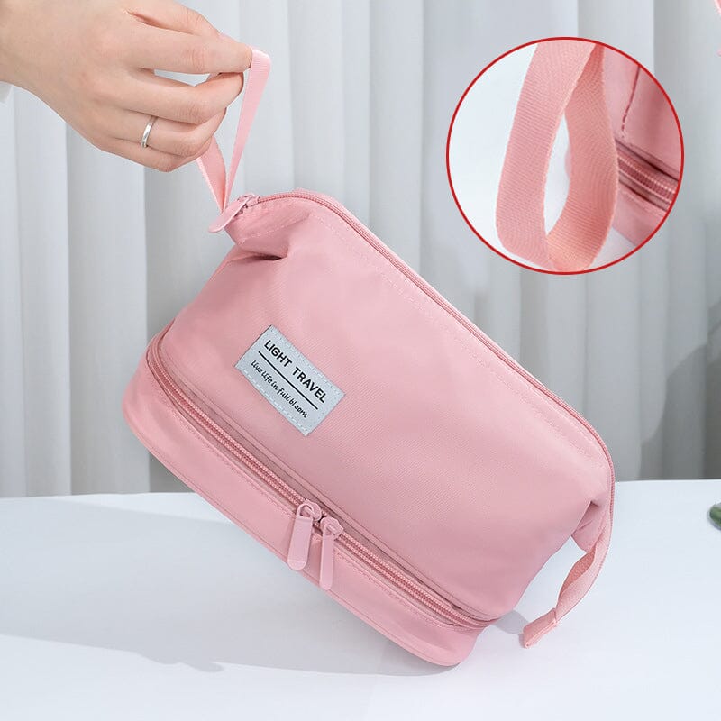 Black waterproof travel toiletry bag, front view of its sleek design, emphasizing its unisex appeal and portability.
