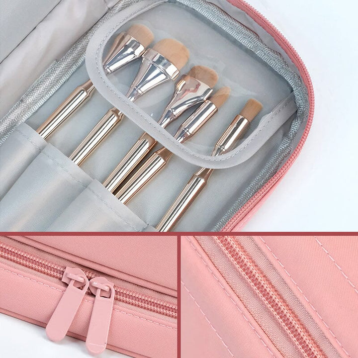 Travel cosmetic bag with a hanger hook visible, demonstrating its convenience for bathroom storage in hotels.