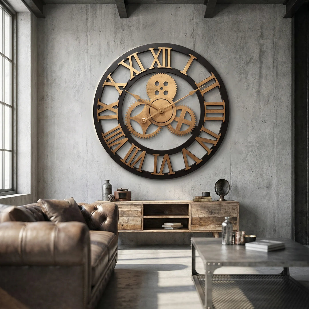 Large decorative wall clock with visible gears & Roman numerals. Silent movement, ideal for living room & office decor.