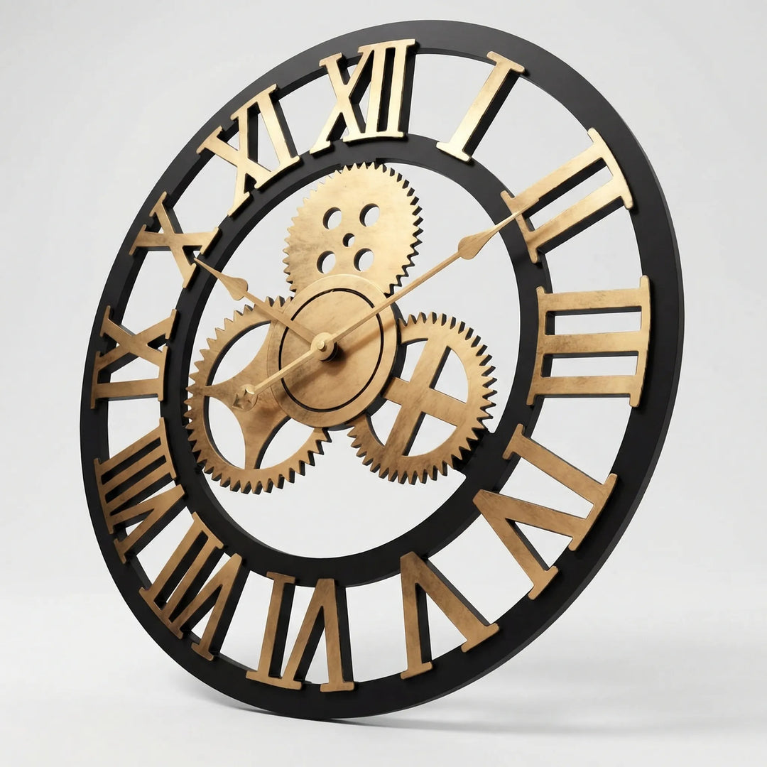 Striking large wall clock featuring intricate gear design & Roman numerals. Perfect decorative piece for modern home decor.