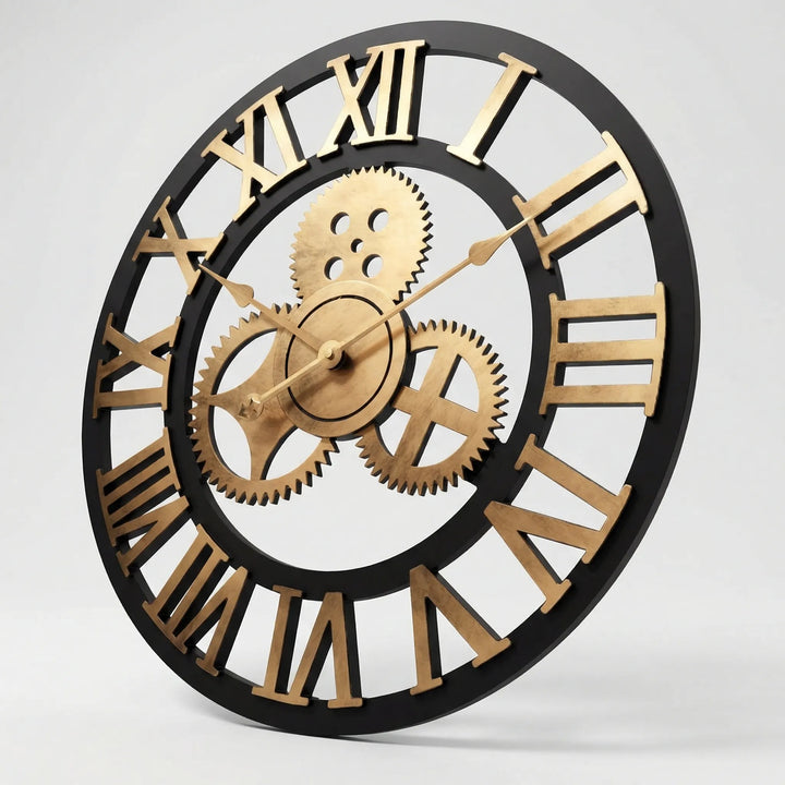 Striking large wall clock featuring intricate gear design & Roman numerals. Perfect decorative piece for modern home decor.