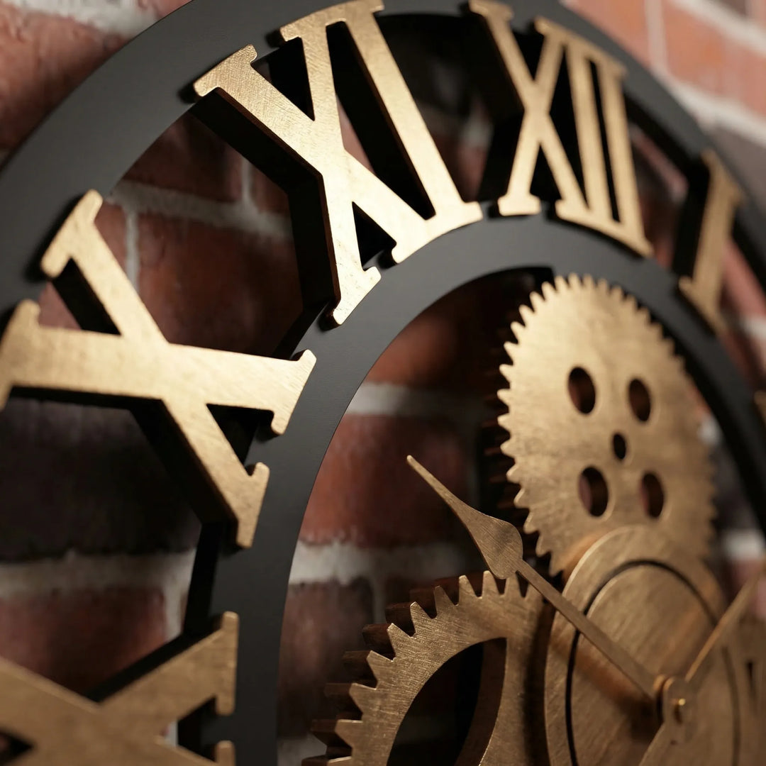 Oversized decorative wall clock with exposed gears for a unique industrial look. Silent mechanism for stylish home decor.