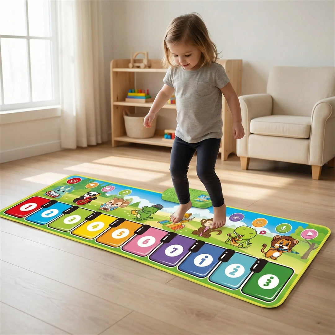 Large interactive musical play mat for toddlers, a fun educational dance toy with wave design for kids' learning.