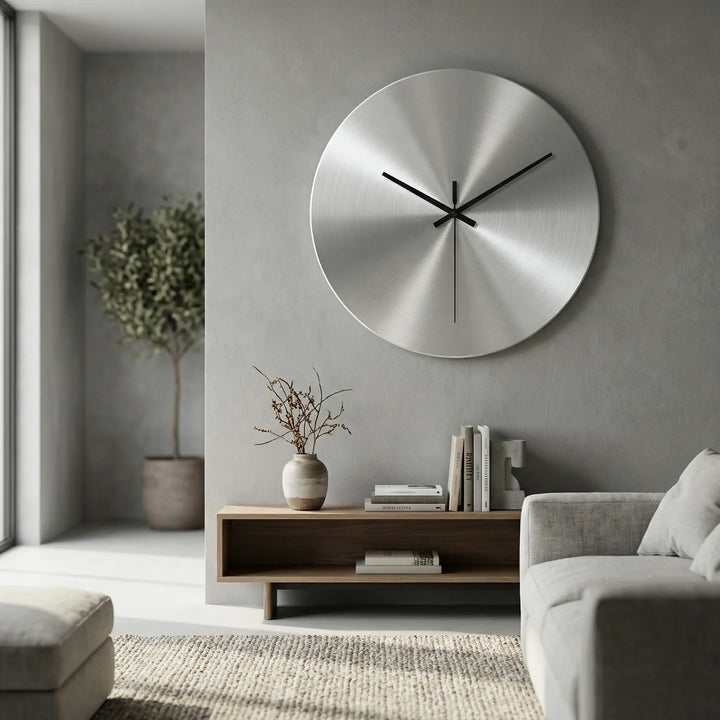 Large modern silent wall clock in black for living room decor. Minimalist design, quiet operation for home.