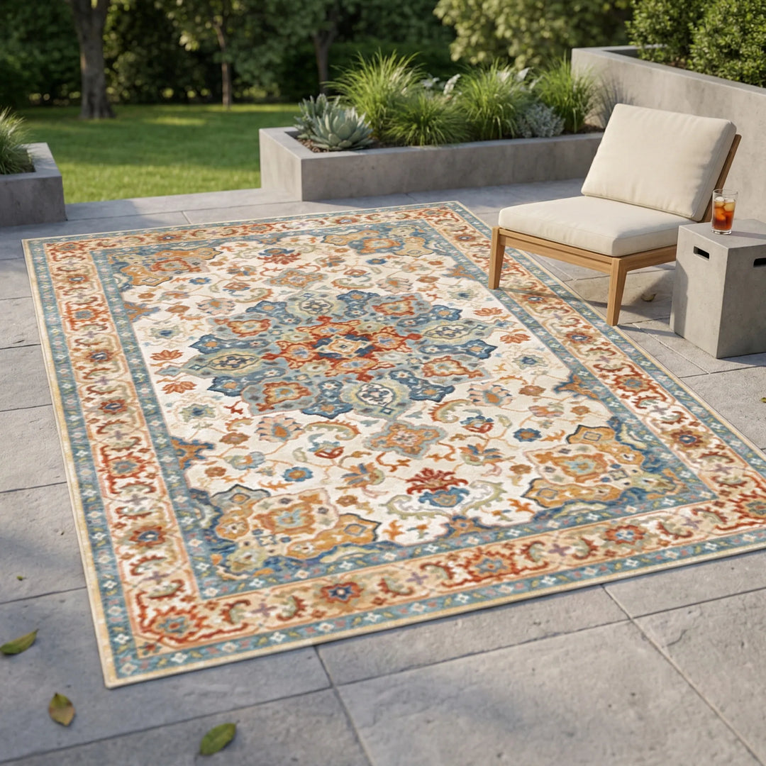 Large outdoor patio rug with blue wave pattern. Water-resistant, easy-clean, ideal for garden decor & bohemian style.