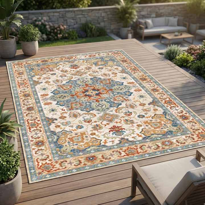 Flowique large outdoor rug featuring a vibrant wave pattern. Perfect water-resistant patio, garden & camping area rug.