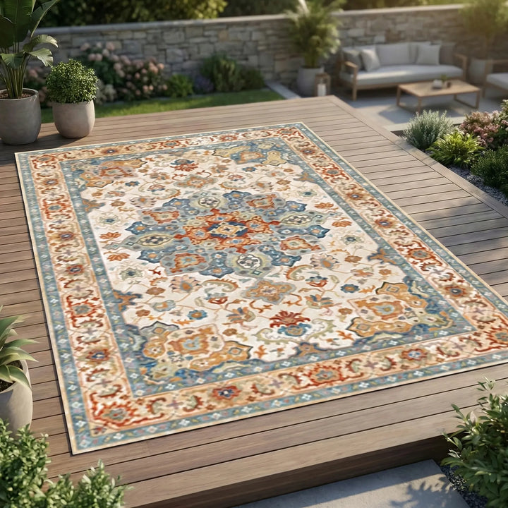 Large patterned outdoor rug with elegant blue wave design. Durable, water-resistant area rug for patio or garden spaces.