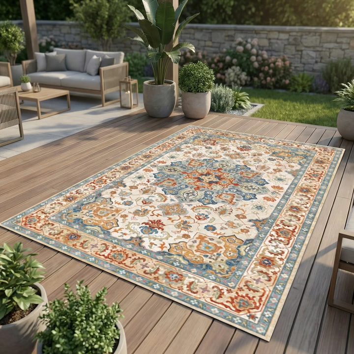 Water-resistant large bohemian outdoor rug with a stylish wave pattern. Easy-clean patio & garden area rug, portable.