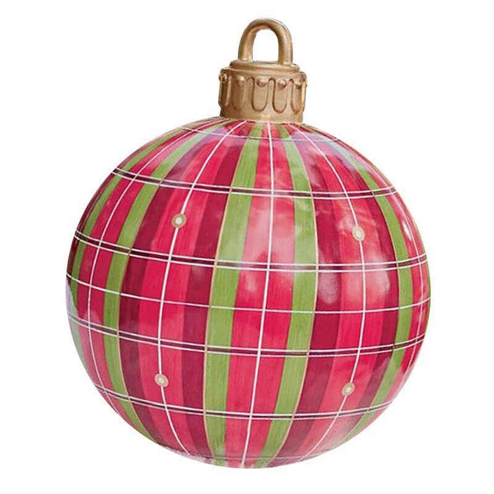 Large red inflatable holiday ball with glitter accents, outdoor Christmas ornament