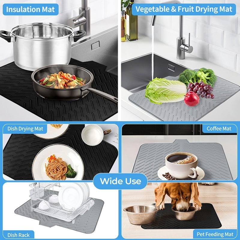 Dish drying mat, red silicone, holding various dishes and cutlery on a kitchen countertop, organized household