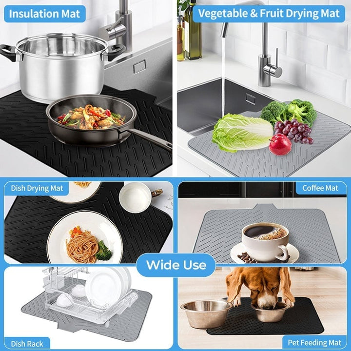 Dish drying mat, red silicone, holding various dishes and cutlery on a kitchen countertop, organized household