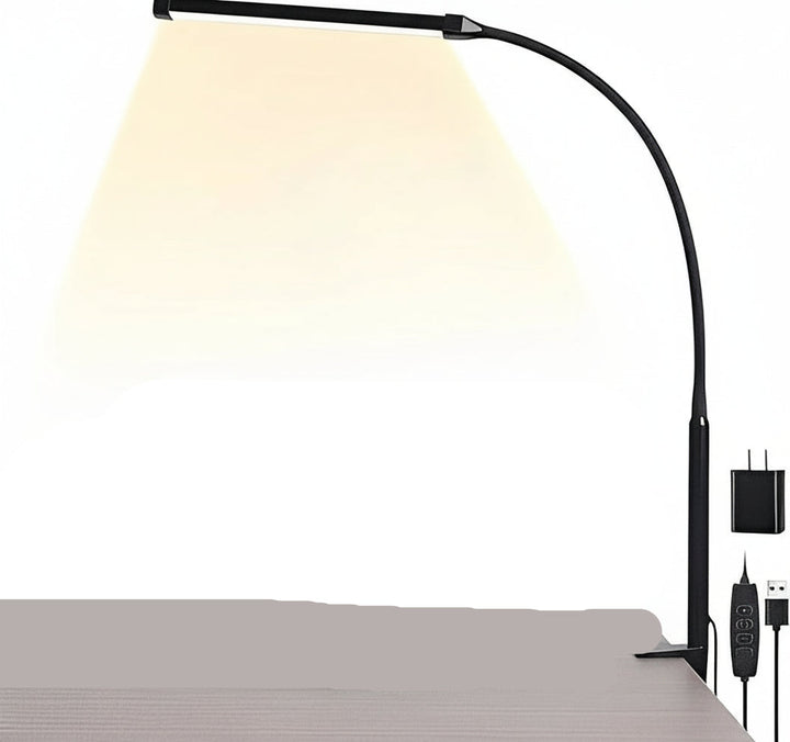 Adjustable LED gooseneck clamp lamp with 3 color modes. Perfect for home office desk lighting & reading.