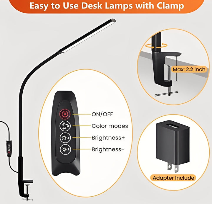 USB powered LED task light with flexible gooseneck & clamp base. Offers 3 color modes for versatile use.