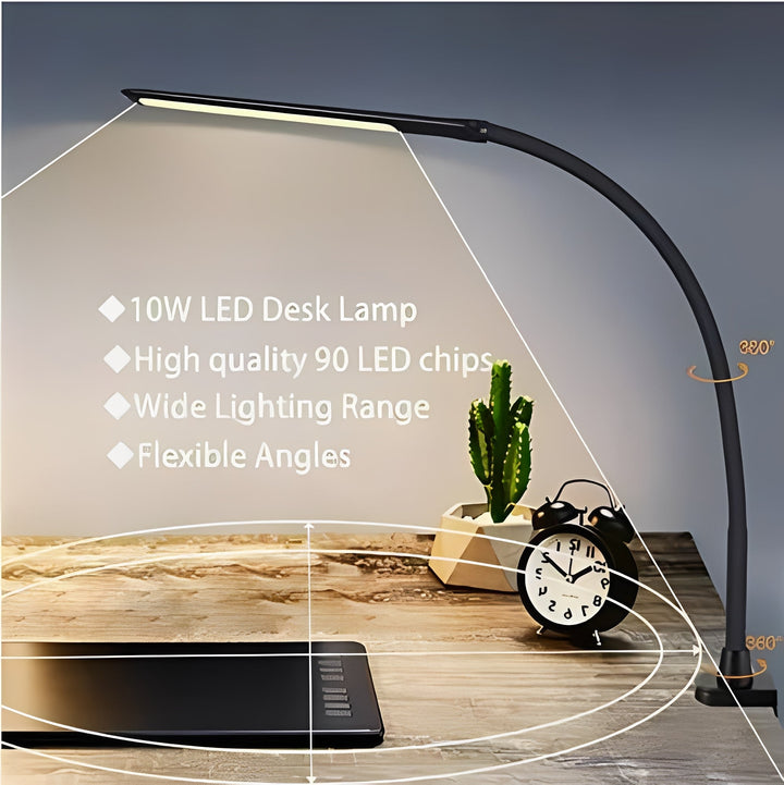 Modern LED desk light with flexible gooseneck, 3 color modes & USB power. Perfect for any home office.