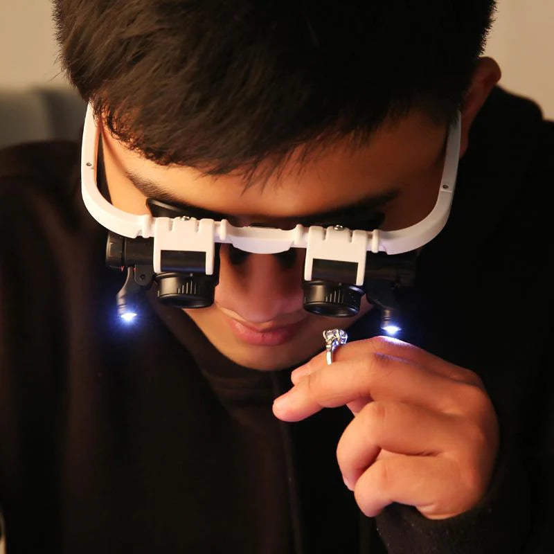 Side view of LED headband magnifying tool showing comfortable fit and light adjustability