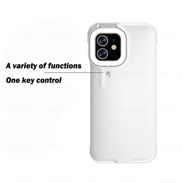 High-quality protective iPhone case with built-in LED ring light, improving selfie quality in low light