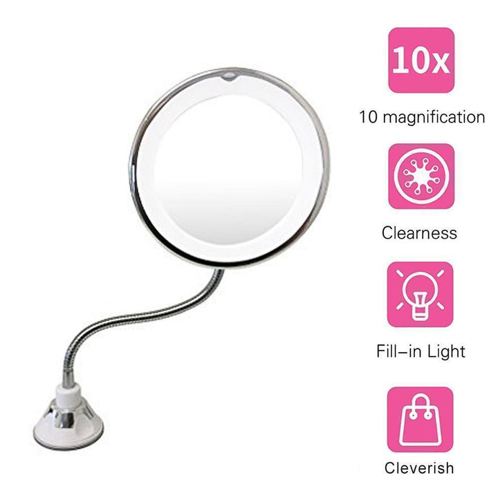 Detailed view of the LED light ring on a magnifying gooseneck makeup mirror, bright illumination